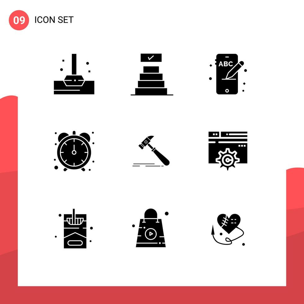 uppsättning av 9 kommersiell fast glyfer packa för webb stark telefon verktyg hammare redigerbar vektor design element
