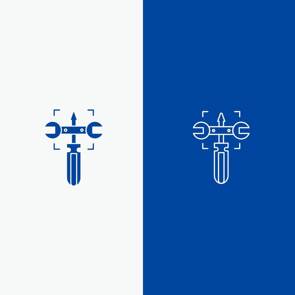 Einstellung Zahnradschlüssel Schraubenlinie und Glyphe solides Symbol blaues Banner Linie und Glyphe solides Symbol blaues Banner vektor
