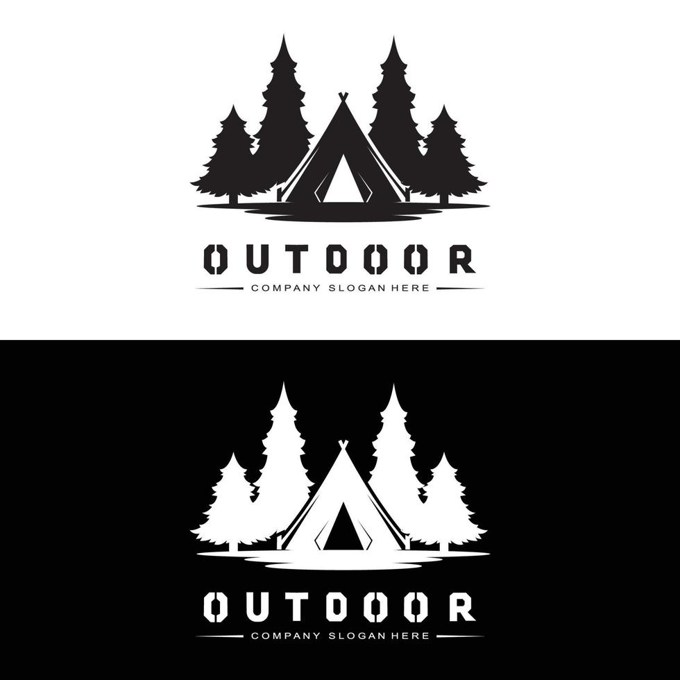 lägereld logotyp design, camping vektor, trä brand och skog design vektor