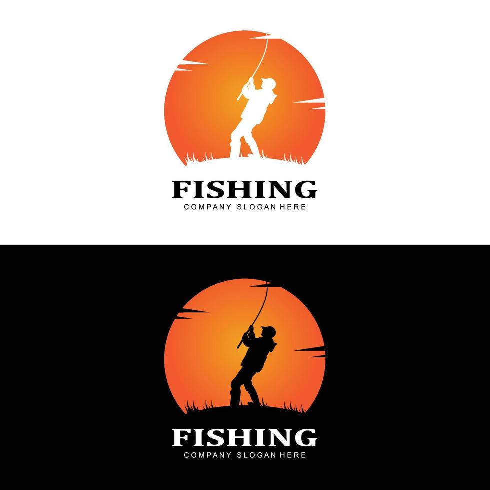 Angeln Logo Icon Vektor, Fische auf dem Boot fangen, Sonnenuntergang Silhouette Design im Freien vektor