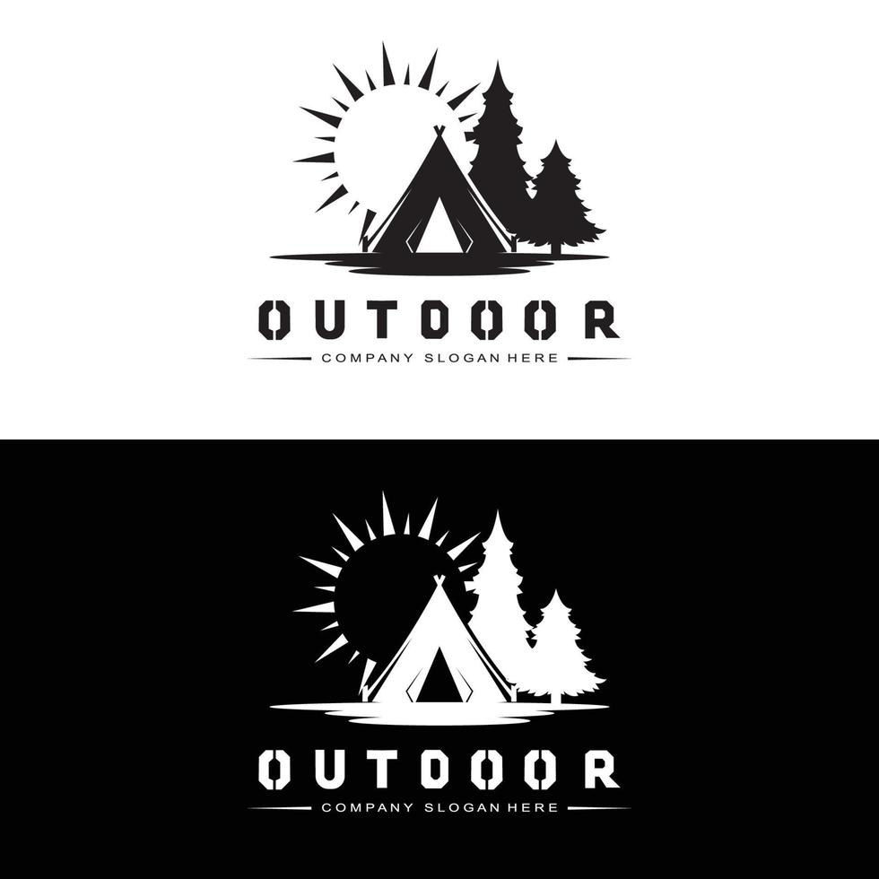 lägereld logotyp design, camping vektor, trä brand och skog design vektor