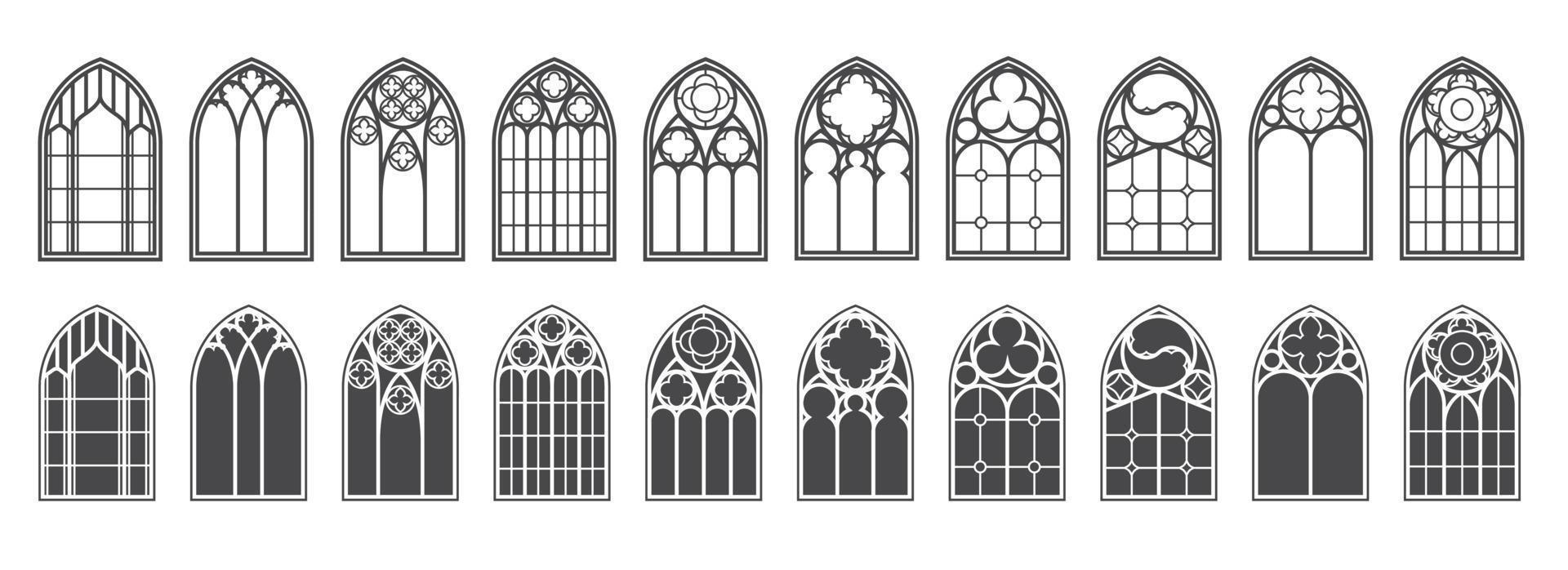 Kirchenfenster gesetzt. Silhouetten gotischer Bögen im klassischen Linien- und Glyphenstil. Glasrahmen der alten Kathedrale. mittelalterliche innenelemente. Vektor