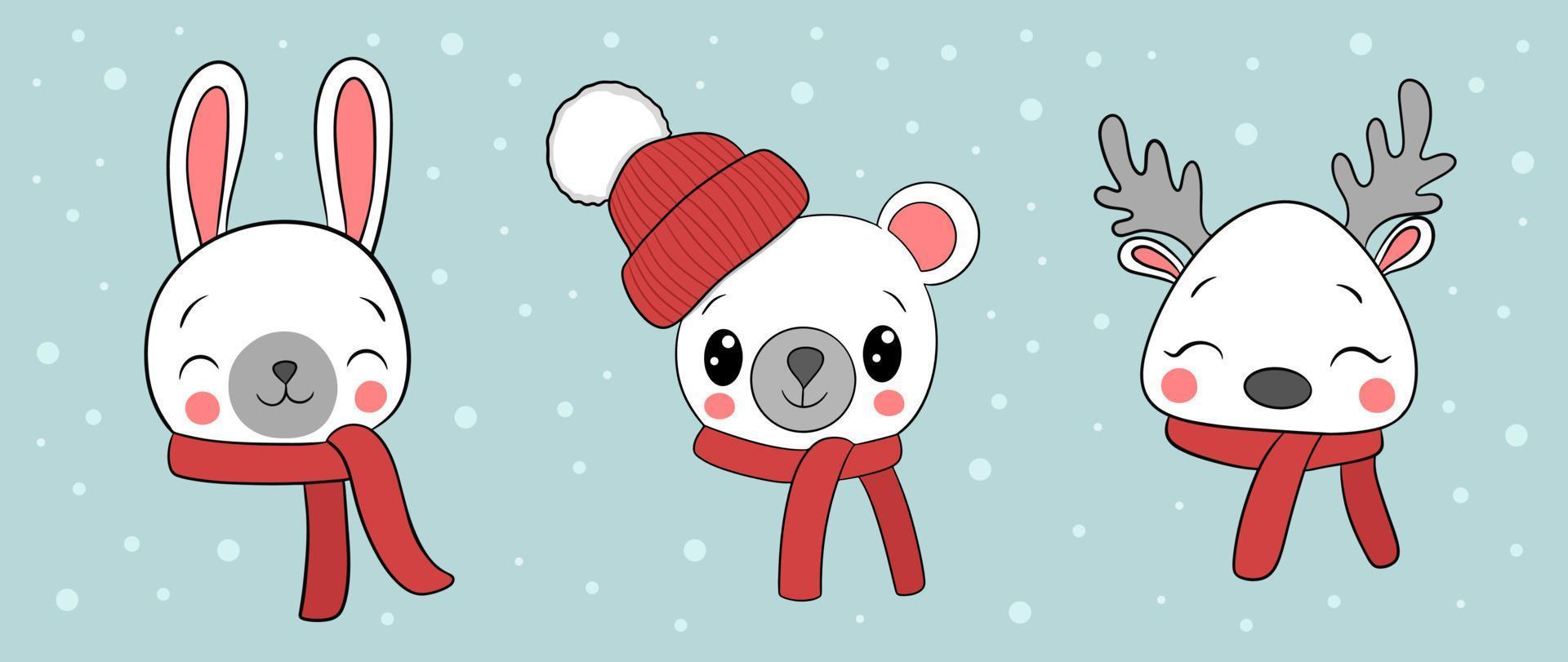 ny år och jul vinter- baner med söt tecknad serie Björn, kanin och rådjur vektor