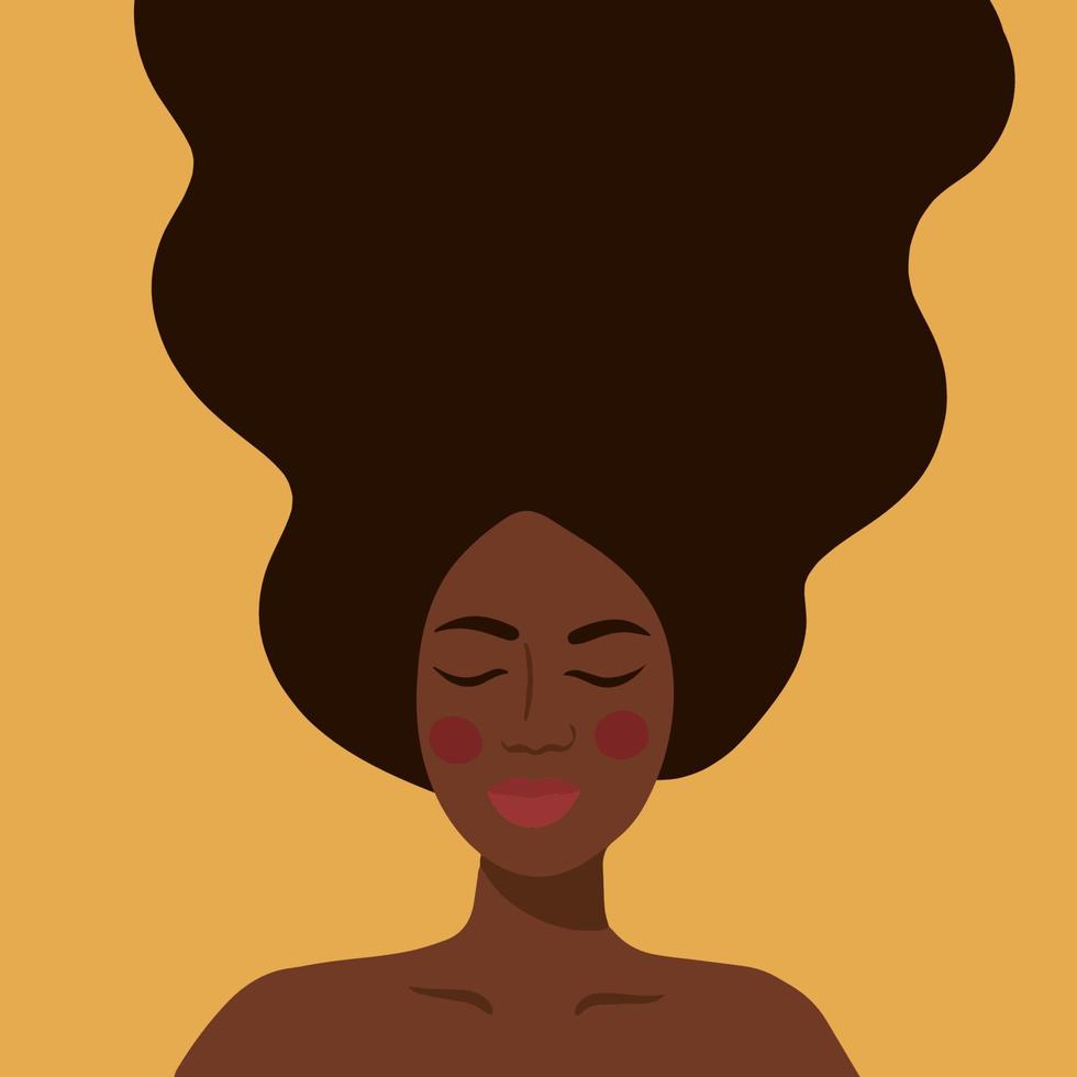 schwarze Frau mit langen Haaren auf gelbem Hintergrund vektor