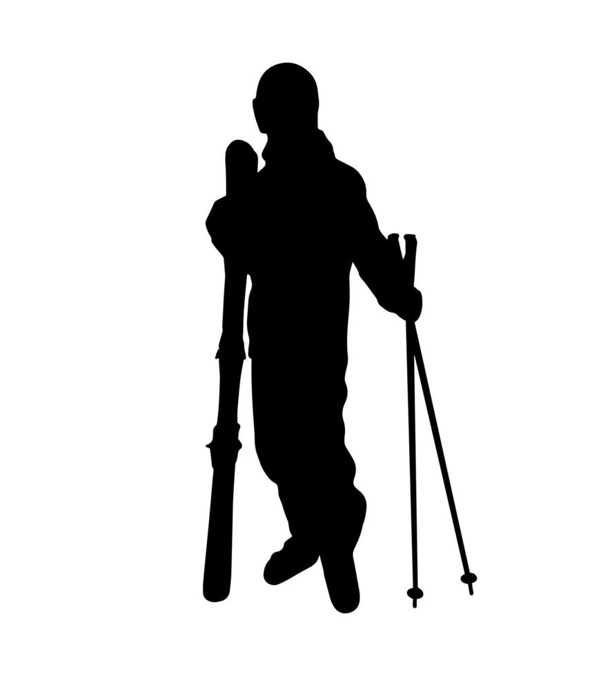 Vektor einfache Skifahrer Silhouette Schattenform, flaches schwarzes Symbol isoliert auf weißem Hintergrund. Logo-Emblem-Designelement. Wintersport Spiel und Freizeitbeschäftigung.