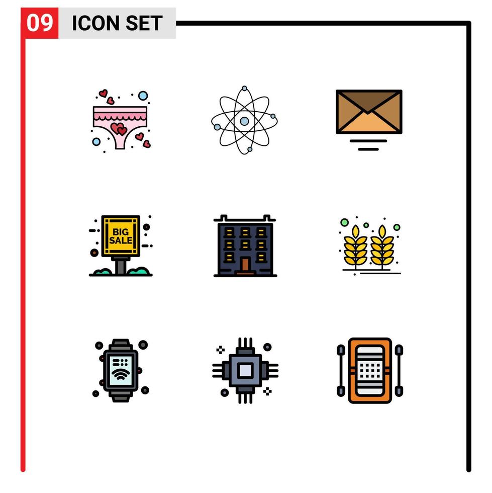 Aktienvektor-Icon-Pack mit 9 Zeilenzeichen und Symbolen für Gebäudeverkaufswerbung Wissenschaft Grand Sale Board editierbare Vektordesign-Elemente vektor