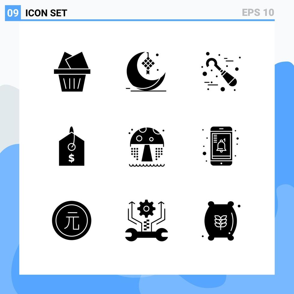 Gruppe von 9 soliden Glyphen Zeichen und Symbolen für Preis editierbare Vektordesign-Elemente für Pilzwasser-Zahnetiketten vektor