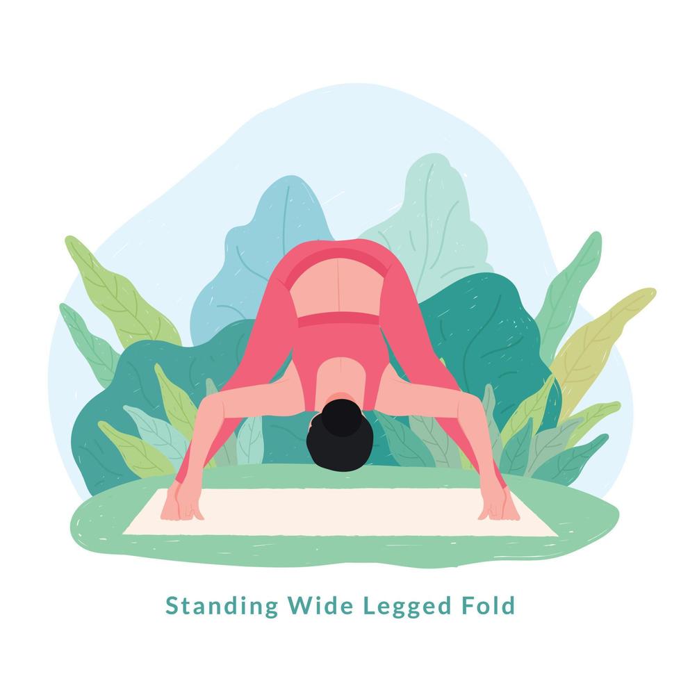 stående bred legged vika ihop yoga utgör. ung kvinna kvinna håller på med yoga för yoga dag firande. vektor