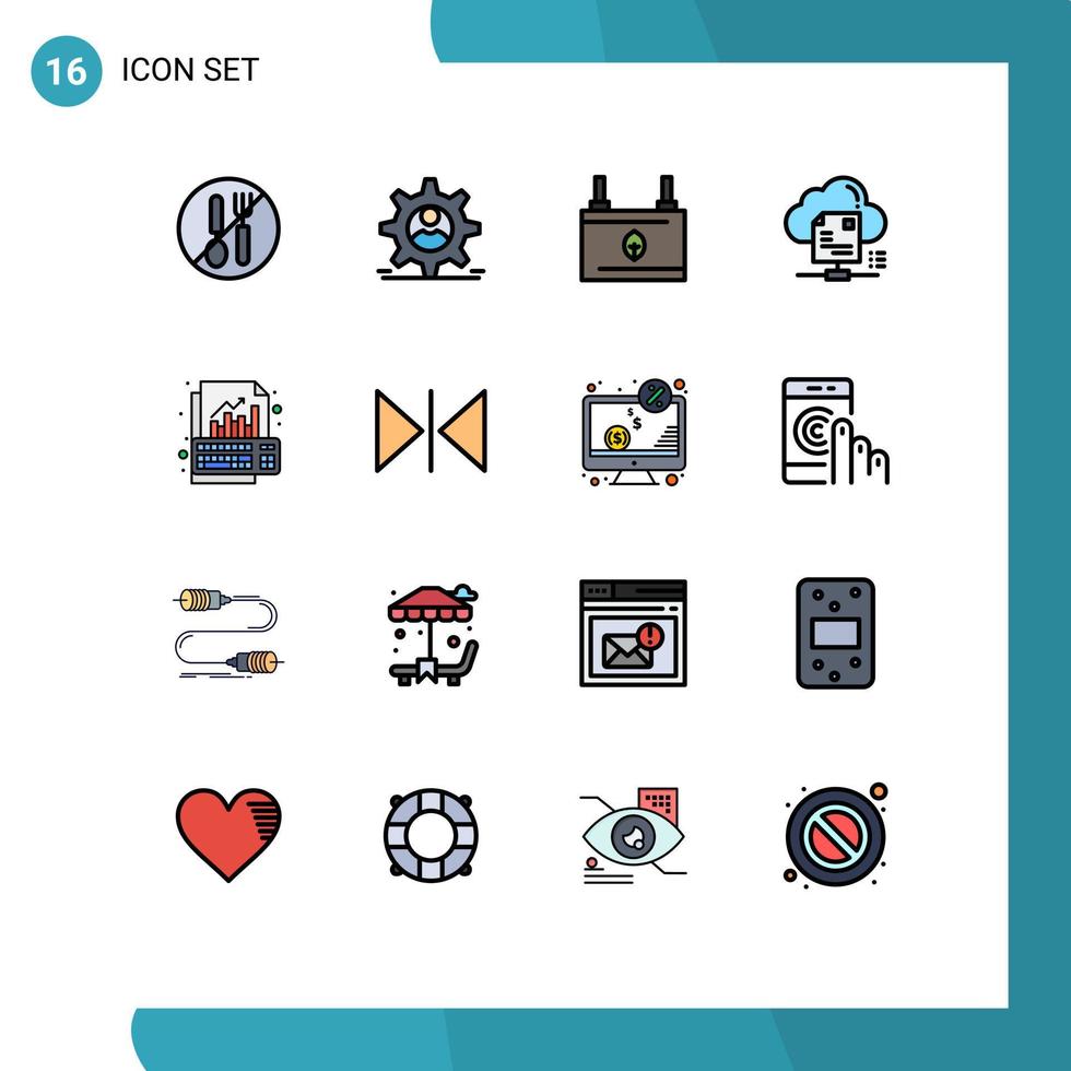 Benutzeroberflächenpaket mit 16 einfachen, flachen, farbgefüllten Linien von Cloud-Sharing-Man-File-Elektrizität editierbaren kreativen Vektordesign-Elementen vektor