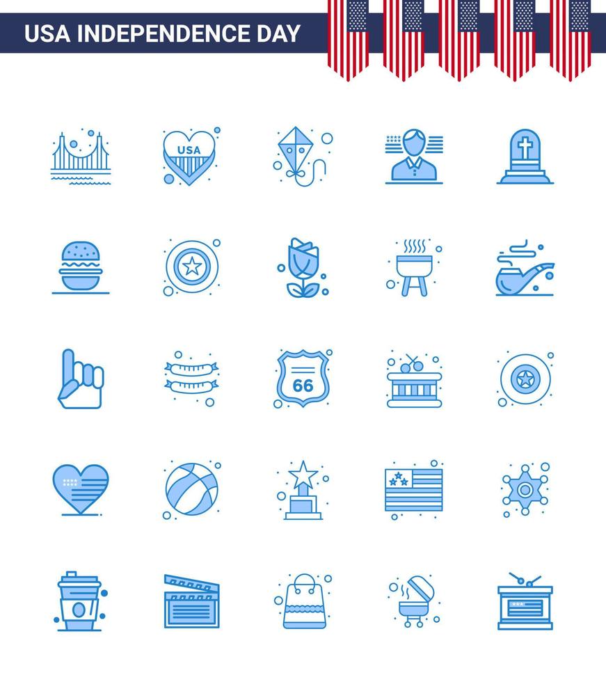 Blaue Packung mit 25 Usa-Unabhängigkeitstag-Symbolen des Grabsteintods Usa-Flaggenmann editierbare Usa-Tag-Vektordesign-Elemente vektor