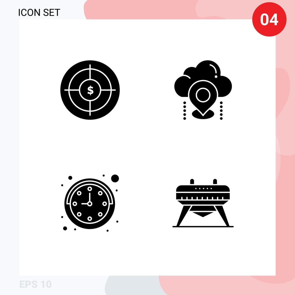 Benutzeroberflächenpaket mit 4 grundlegenden soliden Glyphen von Zielgruppen-GPS-Marketing-Pin-Zeit editierbaren Vektordesign-Elementen vektor