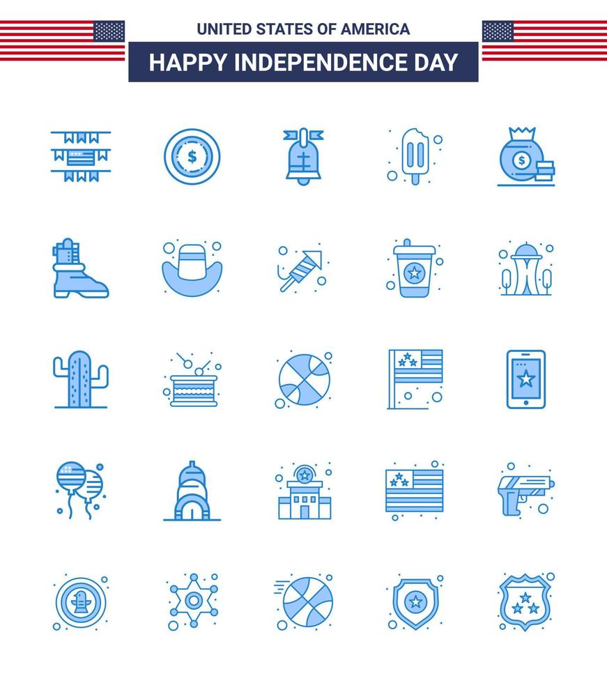 glücklicher unabhängigkeitstag 4. juli satz von 25 blauen amerikanischen piktogrammen von shose money amerikanische taschencreme editierbare usa tag vektordesignelemente vektor