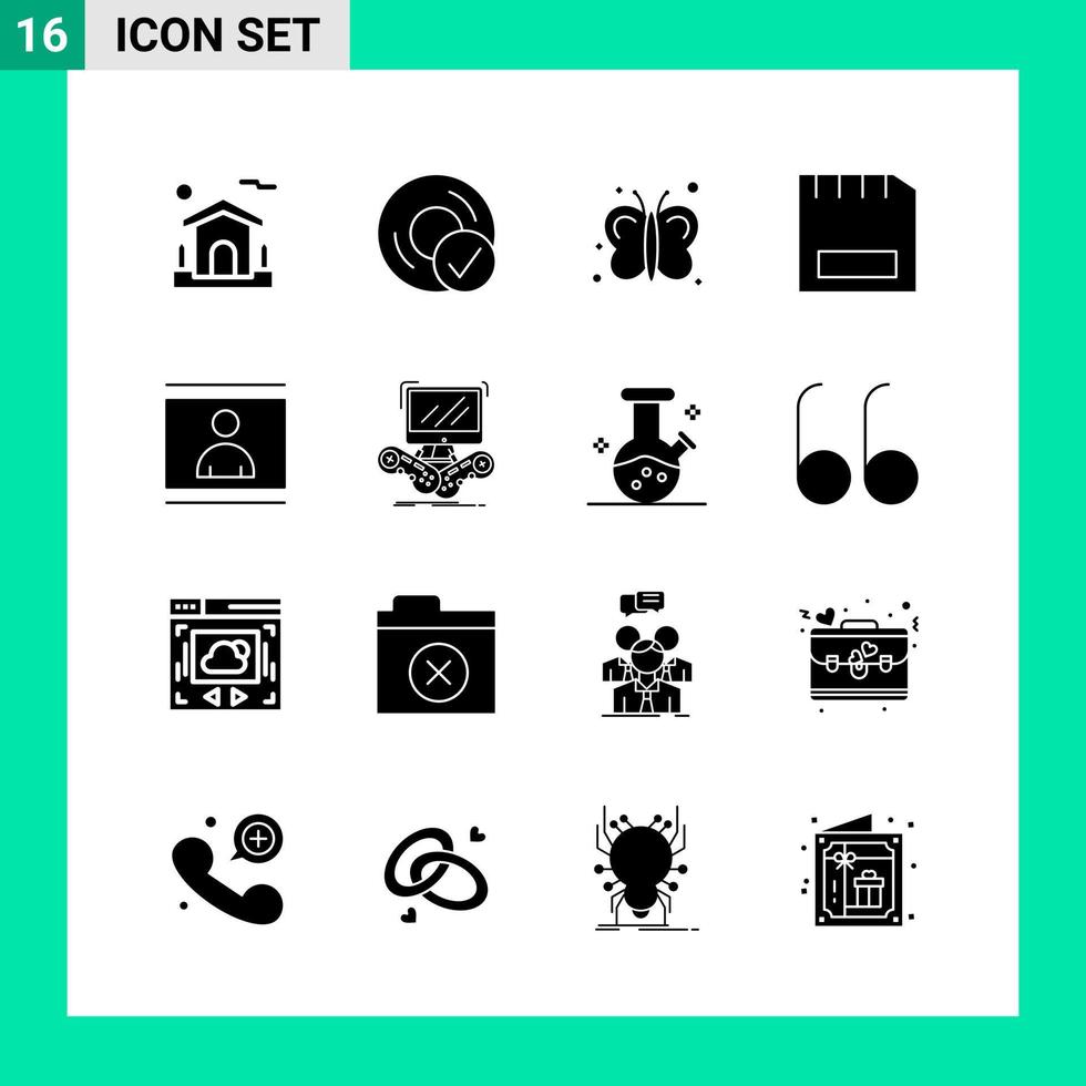 Packung mit 16 Solid Style Icon Set Glyphen-Symbolen für den Druck kreative Zeichen isoliert auf weißem Hintergrund 16 Icon Set kreativer schwarzer Icon-Vektor-Hintergrund vektor