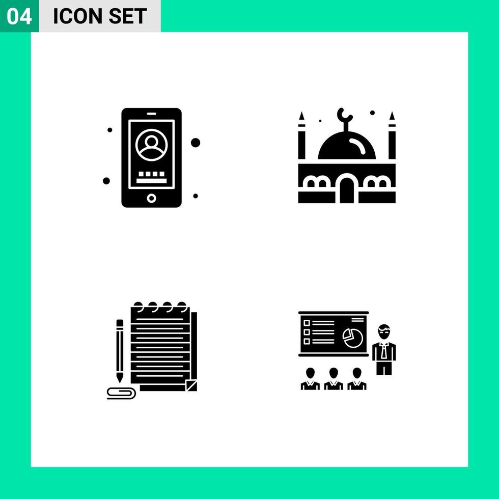 Packung mit 4 Symbolen im soliden Stil, Glyphensymbole für den Druck kreativer Zeichen, isoliert auf weißem Hintergrund 4 Symbolsatz, kreativer schwarzer Symbolvektorhintergrund vektor