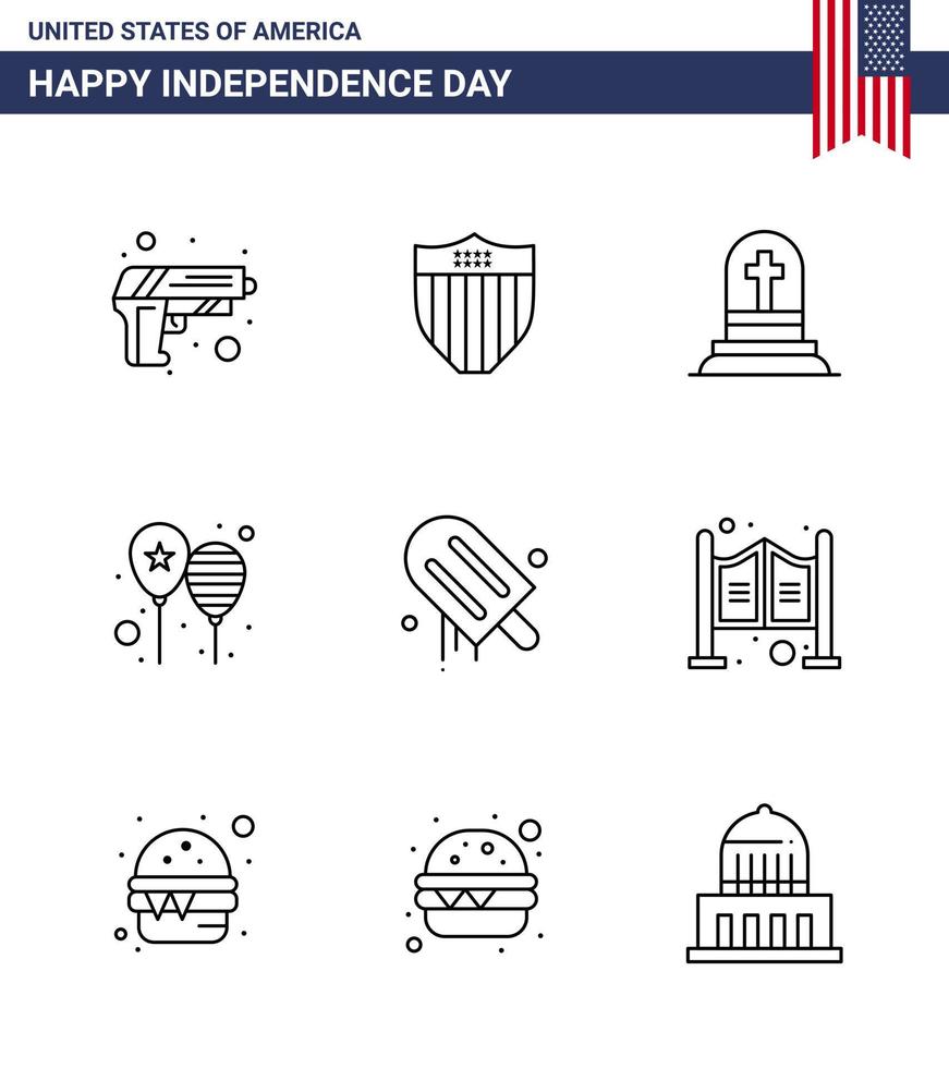 Happy Independence Day Pack mit 9 Zeilen Zeichen und Symbolen für Eiscreme-Party-Todestag-Ballons editierbare usa-Tag-Vektordesign-Elemente vektor