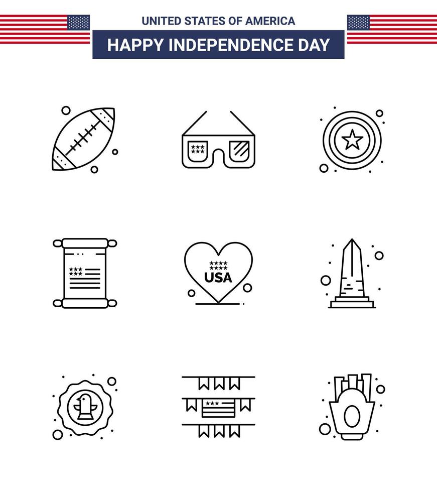 Usa Happy Independence Day Piktogrammsatz aus 9 einfachen Linien der amerikanischen Herzpolizei Usa Text editierbare Usa Day Vektordesign-Elemente vektor