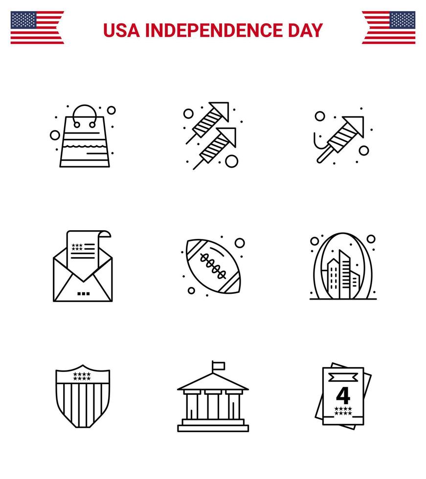 4. juli usa glücklich unabhängigkeitstag symbol symbole gruppe von 9 modernen linien von ball einladung feuerwerk gruß email editierbare usa tag vektor design elemente