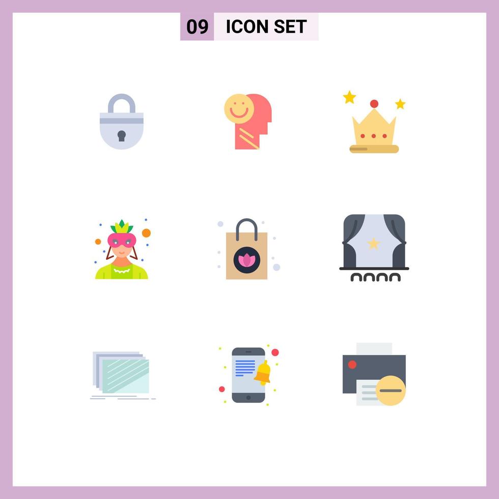 9 platt Färg begrepp för webbplatser mobil och appar kostym avatar liv mask krona redigerbar vektor design element