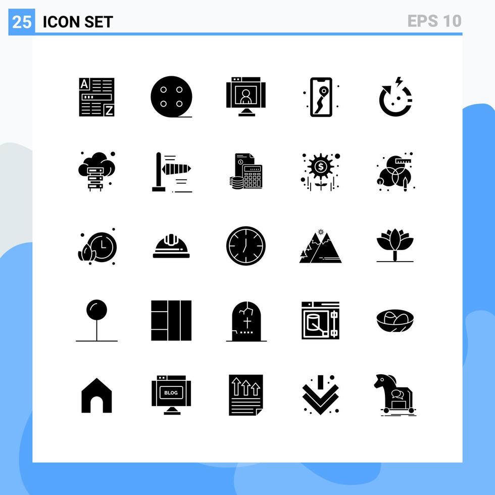 grupp av 25 fast glyfer tecken och symboler för kraft camping kommunikation Karta mobil redigerbar vektor design element