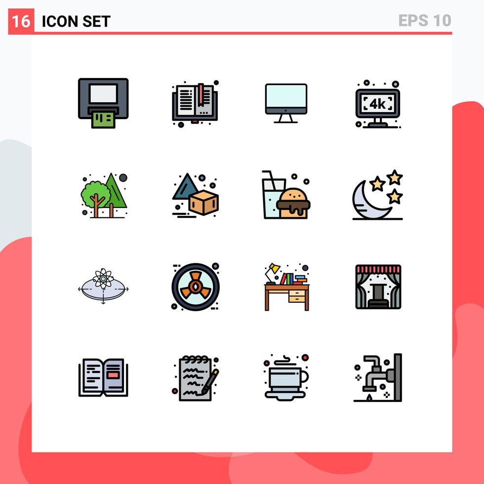 Gruppe von 16 flachen, farbgefüllten Linien Zeichen und Symbole für Dschungel-TV-Computer-TV-Monitor editierbare kreative Vektordesign-Elemente vektor