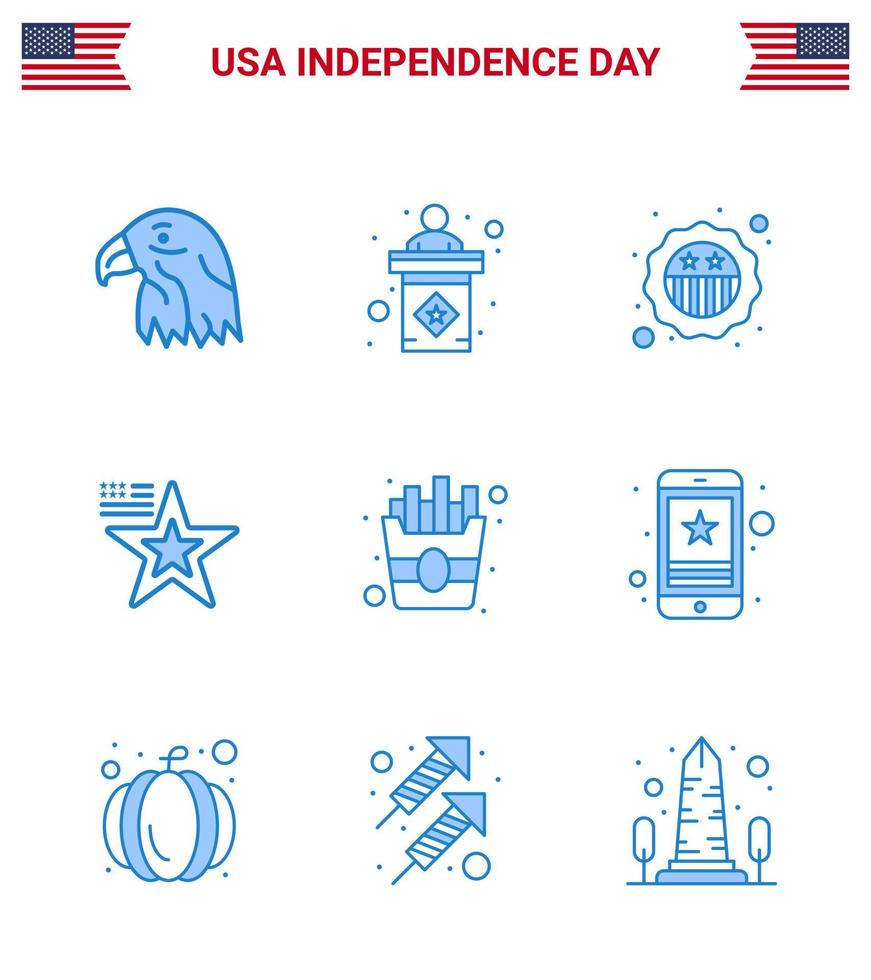 USA oberoende dag blå uppsättning av 9 USA piktogram av mat USA amerikan flagga stjärna redigerbar USA dag vektor design element