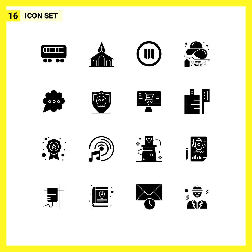 Piktogrammsatz von 16 einfachen soliden Glyphen von Chat-Sommerferien-Verkaufsrabatt editierbaren Vektordesign-Elementen vektor