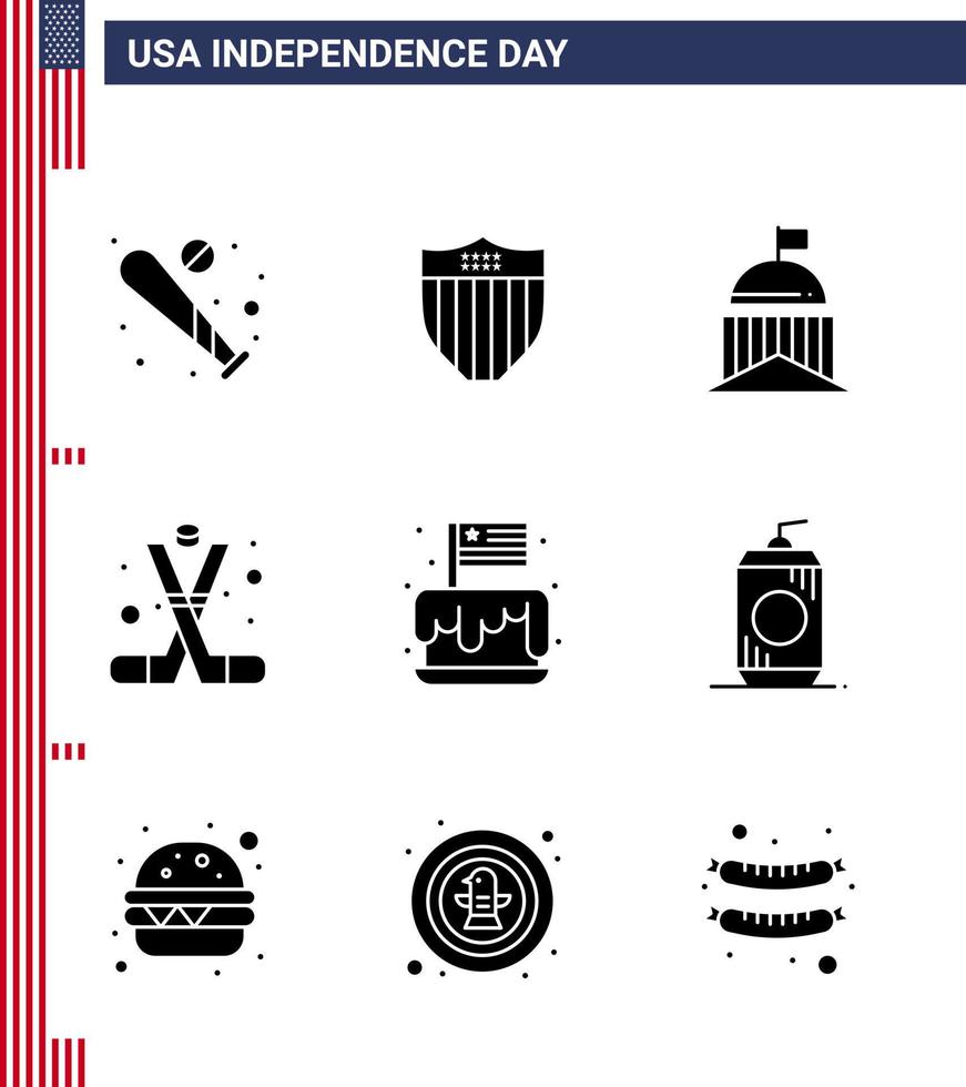 Packung mit 9 kreativen USA-Unabhängigkeitstag-bezogenen soliden Glyphen der amerikanischen Eishockey-USA-Hockey-Irland-editierbaren USA-Tag-Vektordesign-Elemente vektor