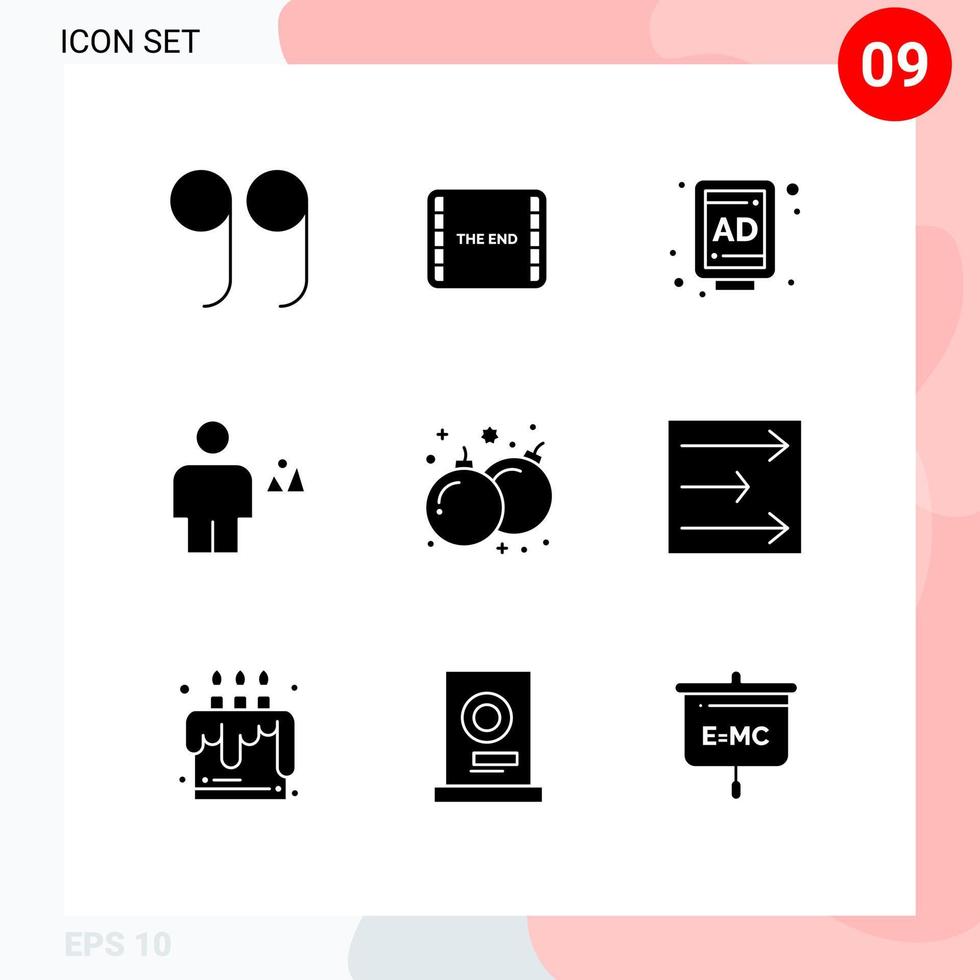 piktogram uppsättning av 9 enkel fast glyfer av spela roligt gata bomba mänsklig redigerbar vektor design element