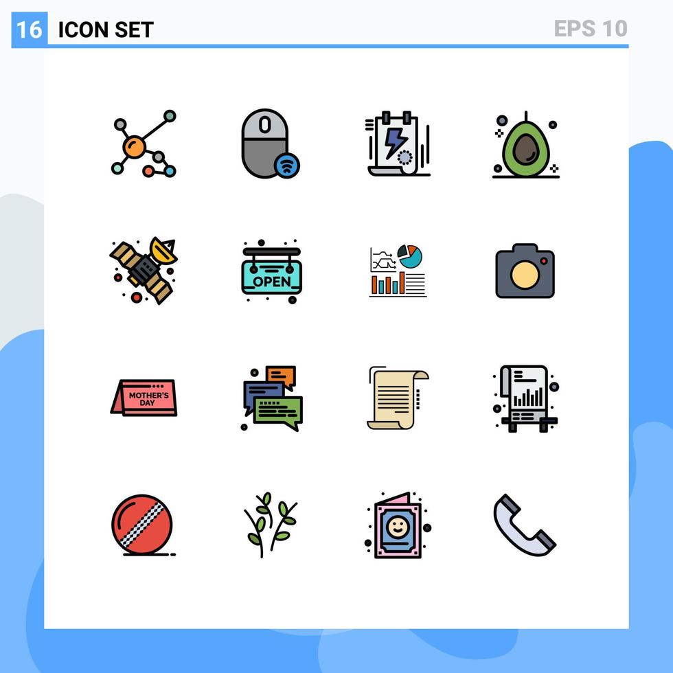 Piktogramm-Set aus 16 einfachen, flachen, farbgefüllten Linien von Frucht-Avocado-Hardware-Zwischenablage-Datei, editierbare kreative Vektordesign-Elemente vektor