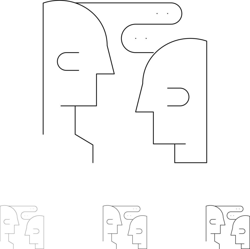 Gehirnkommunikation menschliche Interaktion Fett und dünne schwarze Linie Symbolsatz vektor