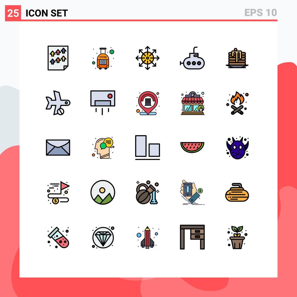 universelle Symbolsymbole Gruppe von 25 modernen gefüllten Linien flache Farben von Hochzeits-U-Boot-Reisen Bathyscaph-Nachrichten editierbare Vektordesign-Elemente vektor