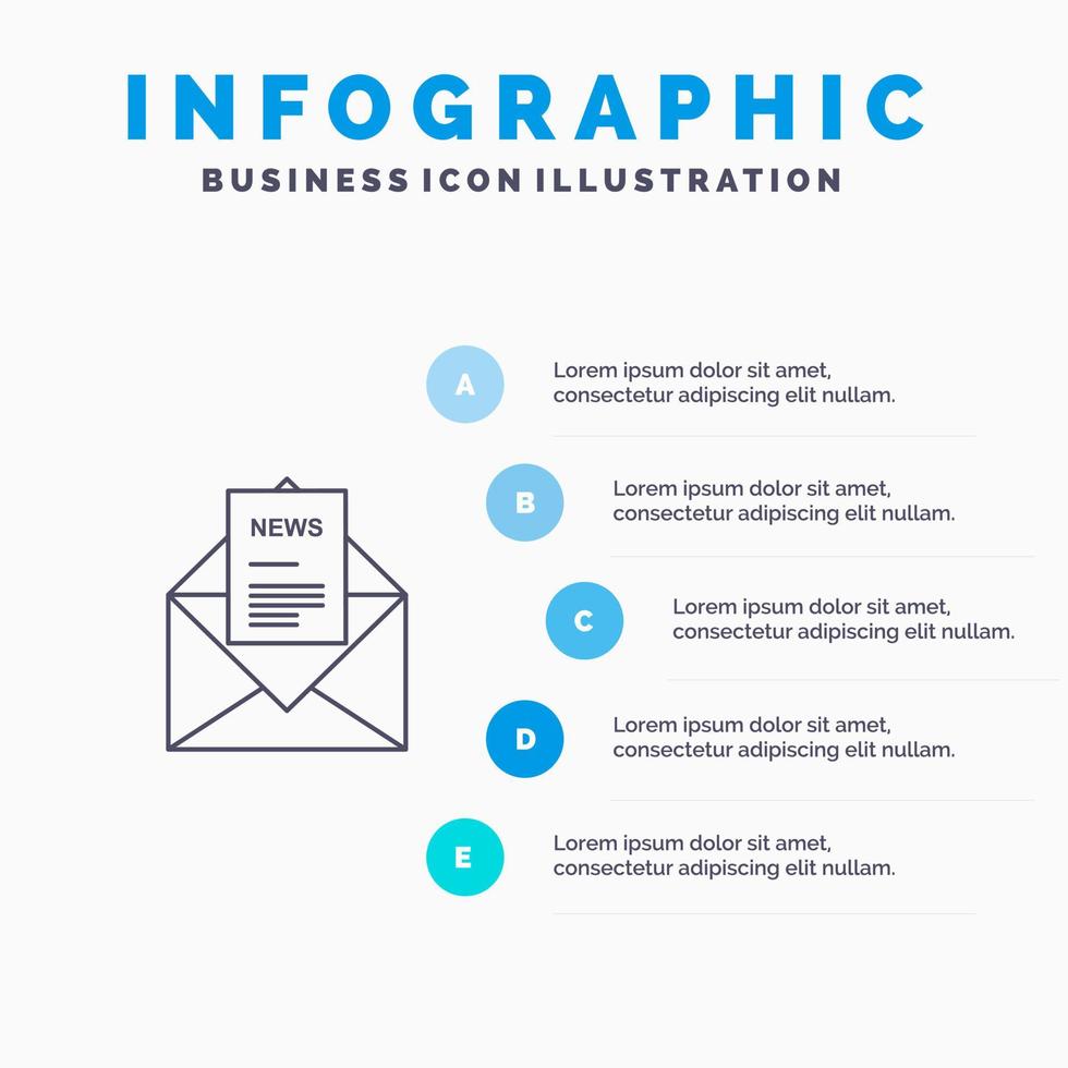 Nyheter e-post företag motsvarande brev linje ikon med 5 steg presentation infographics bakgrund vektor