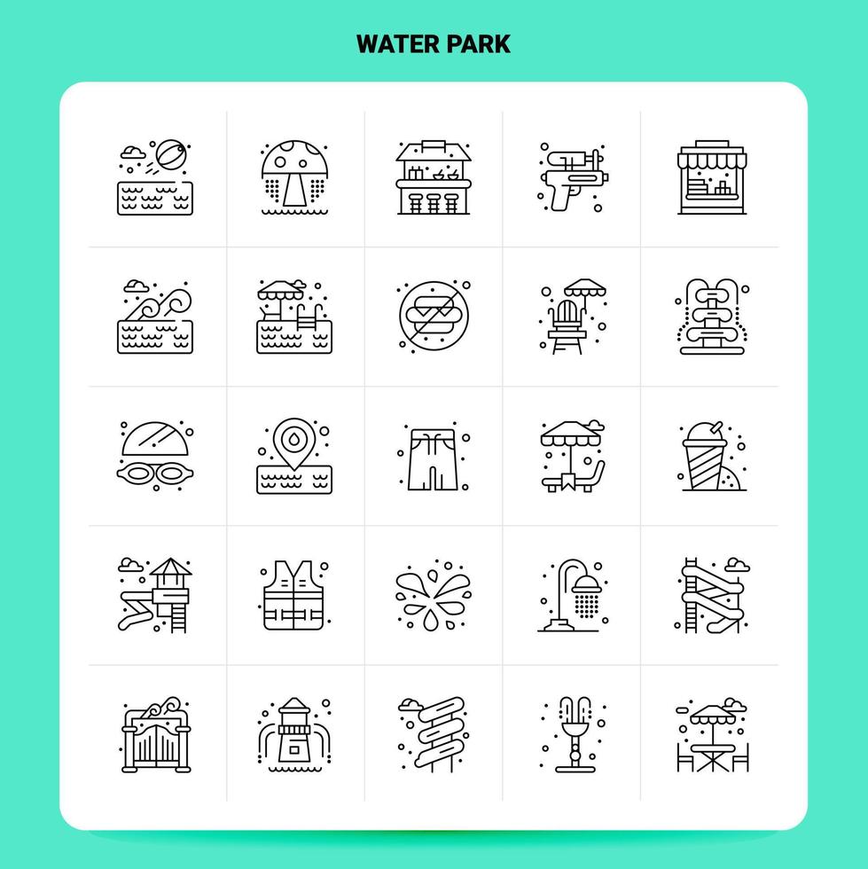 Umriss 25 Wasserpark Icon Set Vektor Linienstil Design schwarze Icons Set lineare Piktogramm Pack Web und mobile Geschäftsideen Design Vektor Illustration