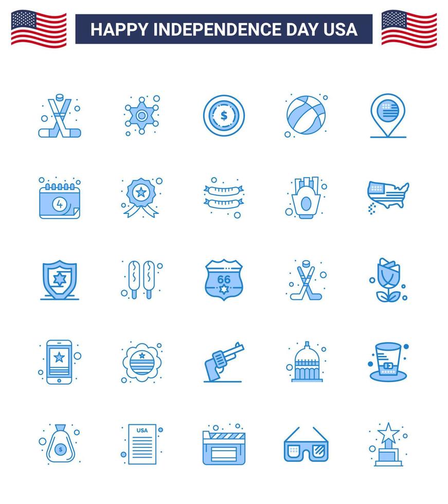 4:e juli USA Lycklig oberoende dag ikon symboler grupp av 25 modern blues av plats USA polis tecken fotboll amerikan redigerbar USA dag vektor design element