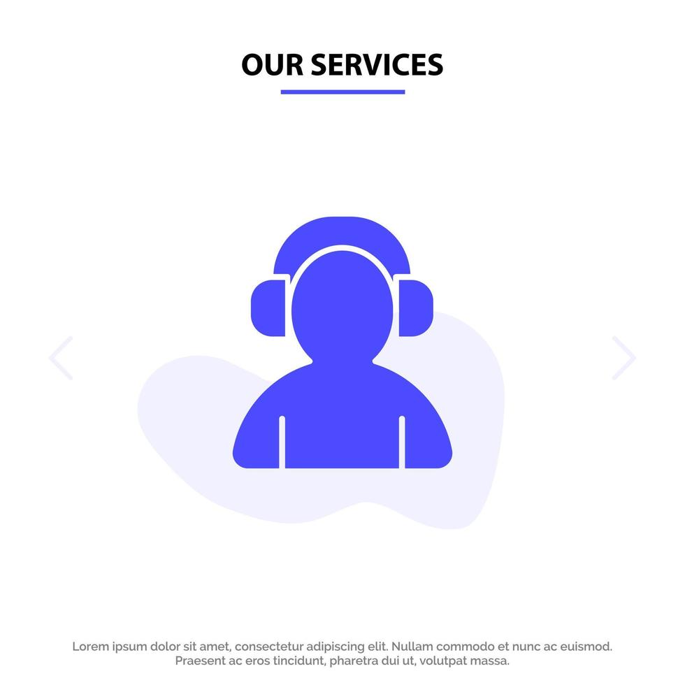 unsere dienstleistungen avatar support mann kopfhörer solide glyph icon web card template vektor