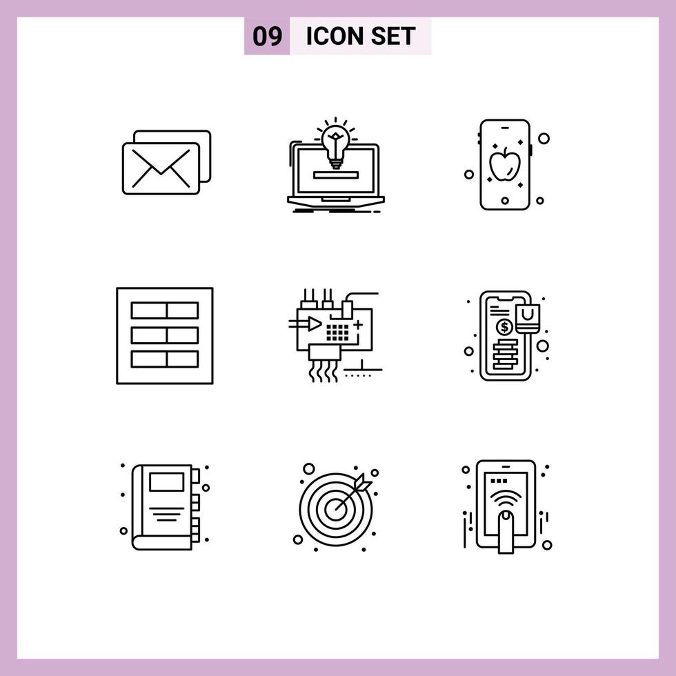 Stock Vector Icon Pack mit 9 Zeilen Zeichen und Symbolen zum Anpassen von UX Mobile UI Grid editierbare Vektordesign-Elemente