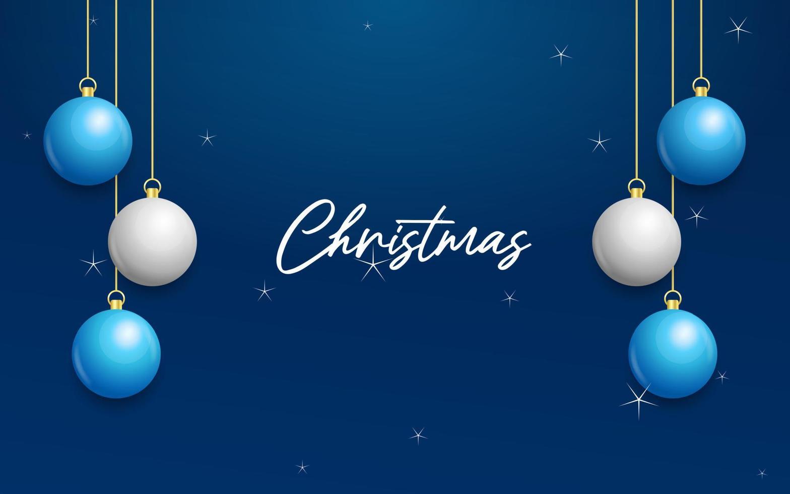 weihnachtsblauer hintergrund mit hängenden glänzenden weißen und silbernen kugeln. frohe weihnachten grußkarte vektor