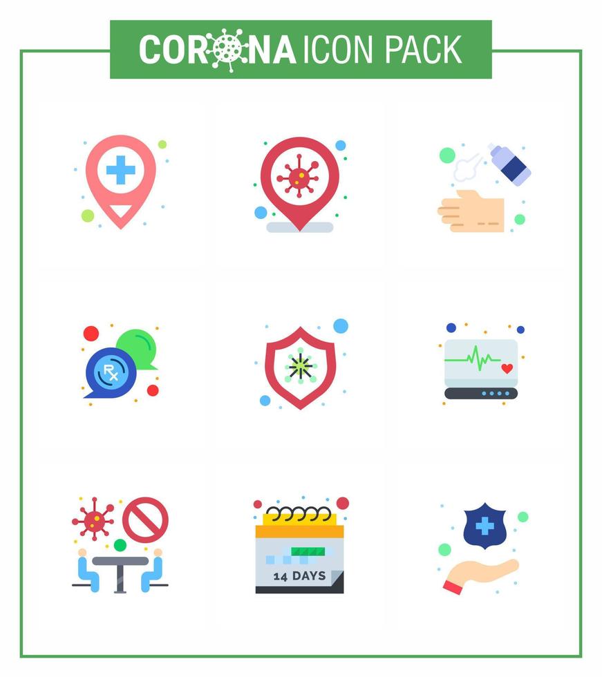 korona virus sjukdom 9 platt Färg ikon packa suga som skydd rx rengöring meddelande bubbla viral coronavirus 2019 nov sjukdom vektor design element