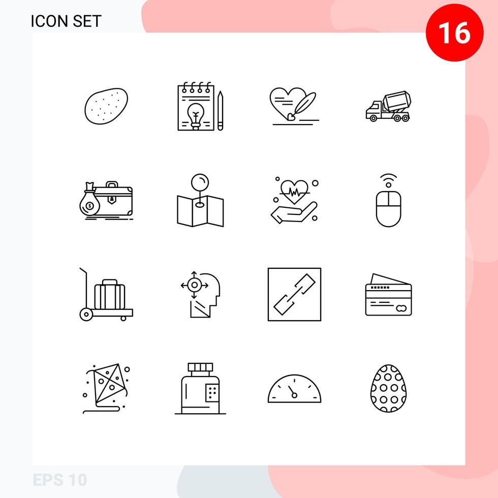 modern uppsättning av 16 konturer och symboler sådan som fall portfölj hjärta vält konstruktion redigerbar vektor design element