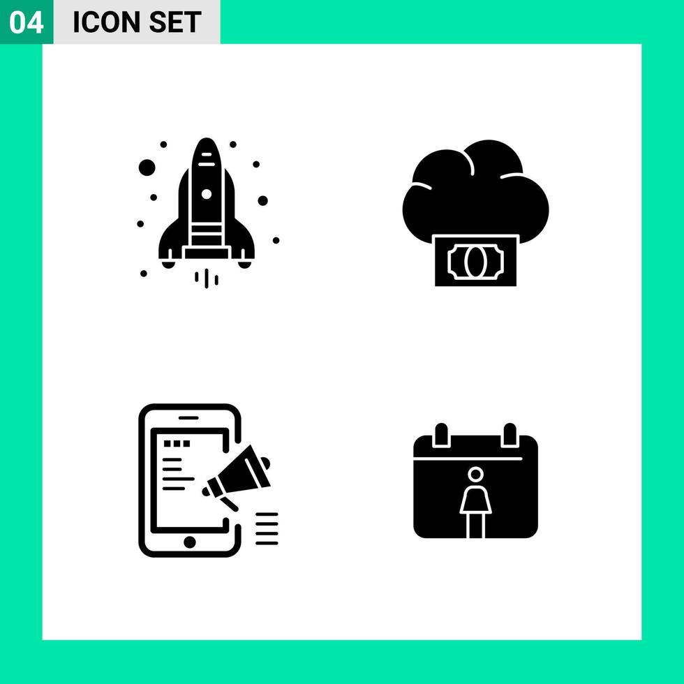 Packung mit 4 Symbolen im soliden Stil Glyphensymbole für den Druck kreativer Zeichen isoliert auf weißem Hintergrund 4 Symbolsatz vektor