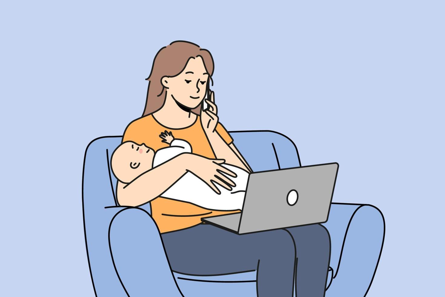 ung mor med nyfödd bebis arbete på dator på Hem uppkopplad. upptagen mamma med spädbarn barn multi aktivitet arbetssätt avlägsen talande på cell. vektor illustration.