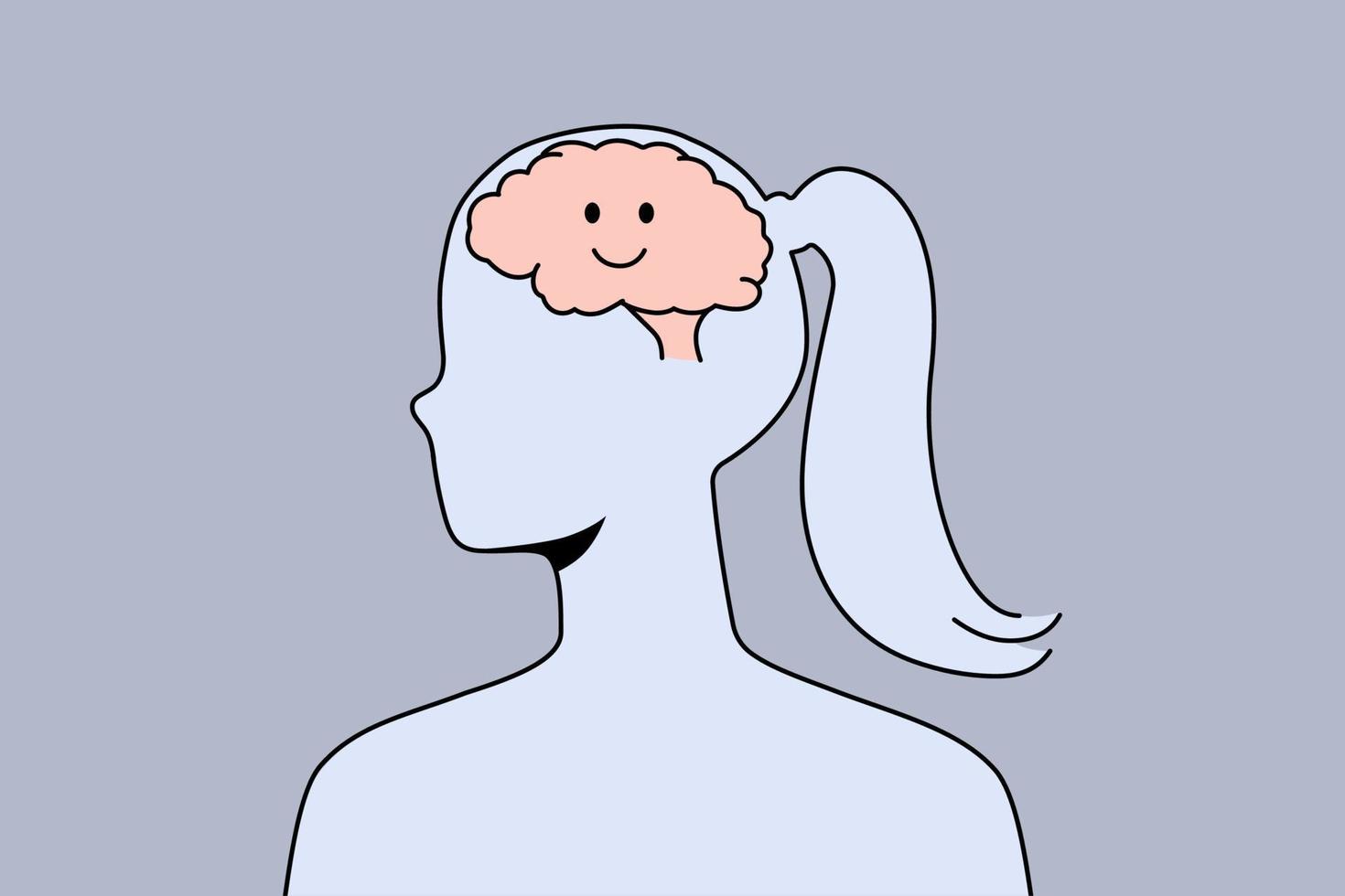 leende hjärna i kvinna huvud. kvinna med positiv och optimistisk se på liv. begrepp av optimism och välbefinnande. vektor illustration.