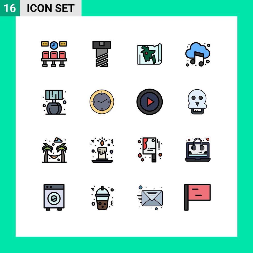 satz von 16 kommerziellen flachen farbgefüllten linienpaketen für zeitlebende weltheimmusik editierbare kreative vektordesignelemente vektor