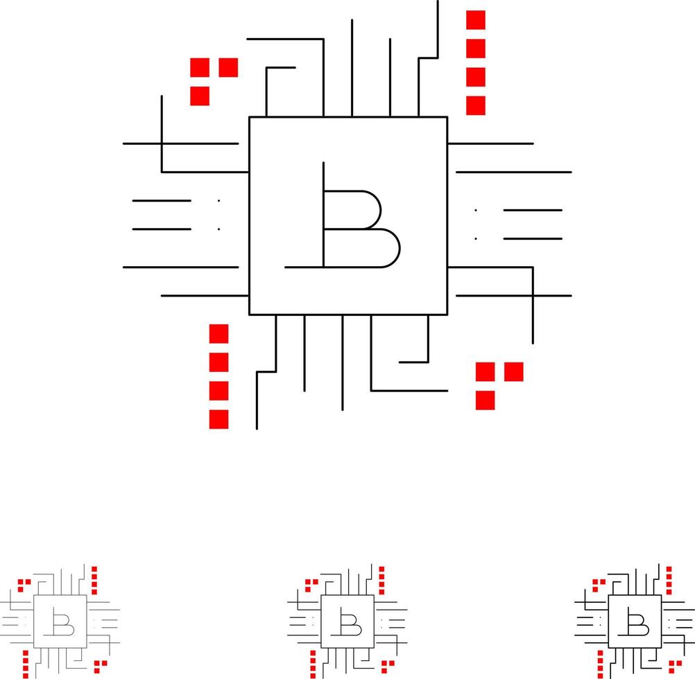 Geldindustrie Bitcoin Computerfinanzierung Fett und dünne schwarze Linie Symbolsatz vektor