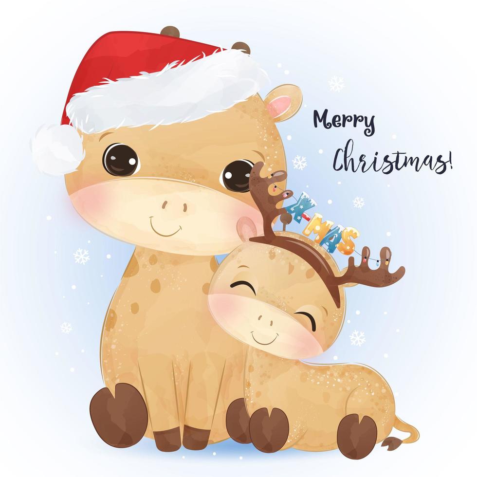 Weihnachtsgrußkarte mit niedlicher Mama und Babygiraffe vektor