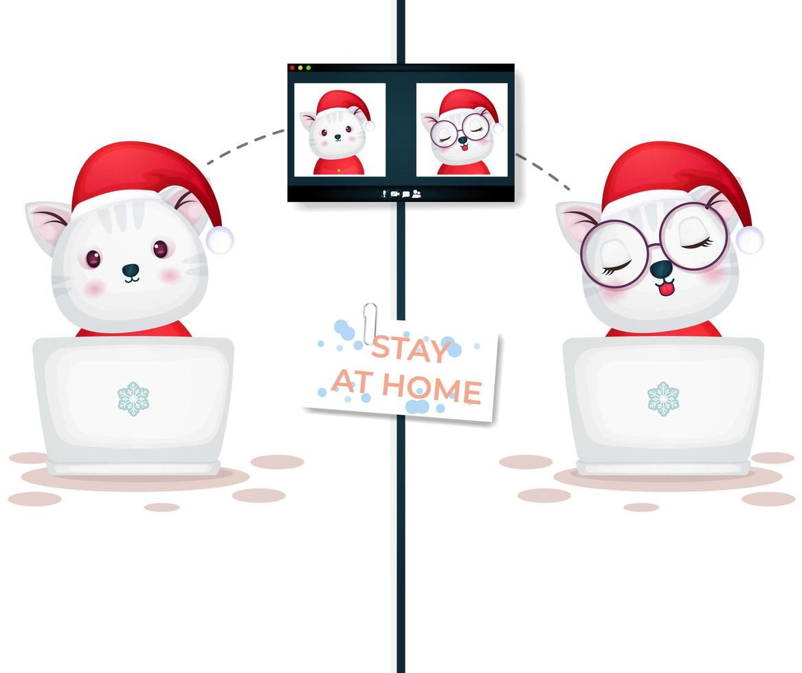 söt kattunge videosamtal på bärbar dator till juldagen vektor