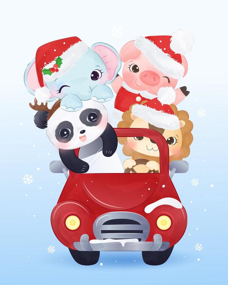 jul gratulationskort djur som kör i en bil vektor