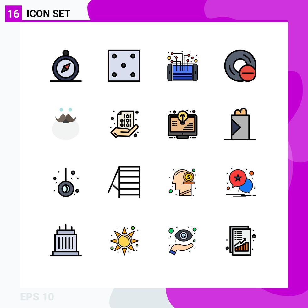 16 universelle, flache, farbgefüllte Linien für Web- und mobile Anwendungen, Schnurrbart-Gadget, mobile Disc-Computer, bearbeitbare kreative Vektordesign-Elemente vektor