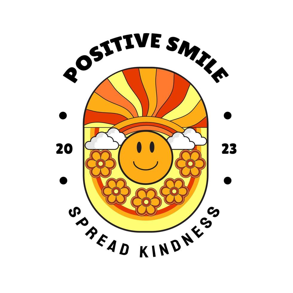 retro niedliche zeichentrickfigur illustration. Lächeln Sie positiv und verbreiten Sie den Slogan „Freundlichkeit 2023“ für Poster- oder T-Shirt-Druckdesign. Vektor