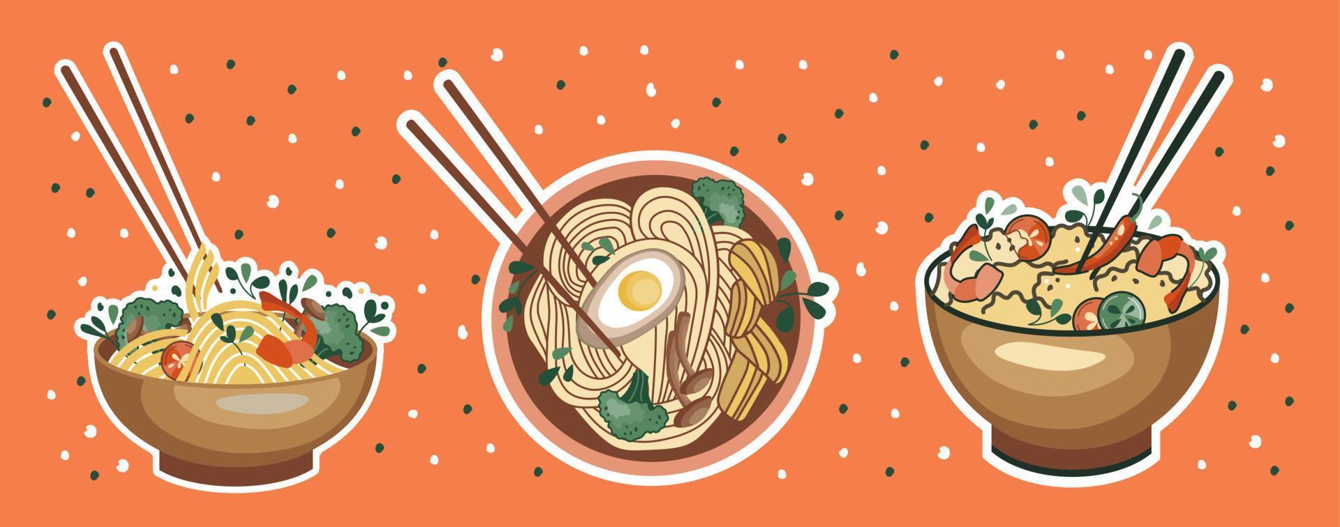 Aufkleber für asiatische Lebensmittel. Udon- oder Ramen-Suppe. Nudeln und Reis mit Meeresfrüchten. geeignet für Restaurantbanner, Logos und Fast-Food-Werbung. koreanisches oder chinesisches essen. vektor